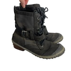 Sorel Boots Womens 6 Slimboot Mid Calf Canvas Leather Black Rugged Winter